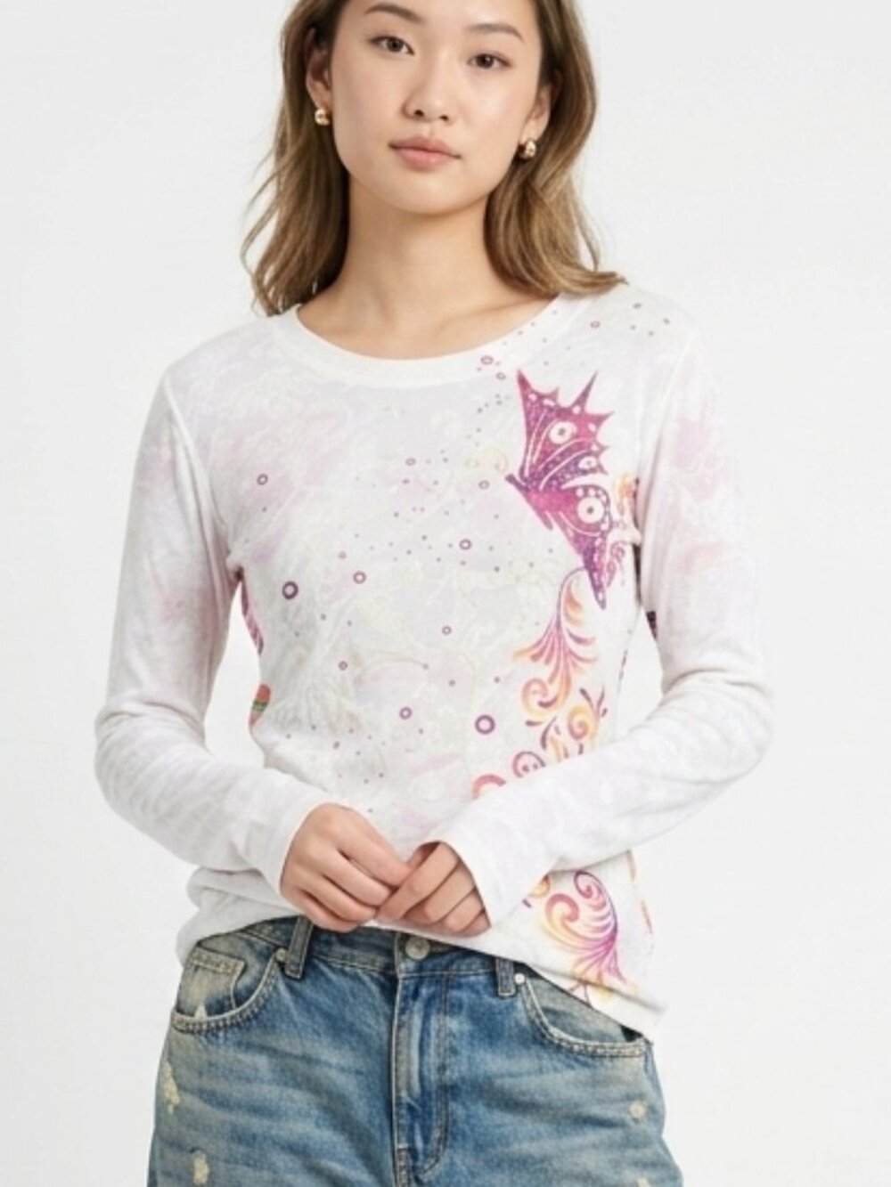 Vintage Maurices Tee Shirt Y2K 90s Twee White Butterfly Ribbed Thermal L